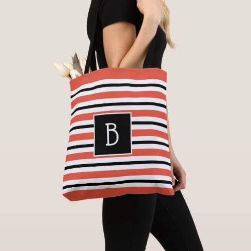 Trendy Monogrammed Orange Red Black  White Stripe Tote Bag