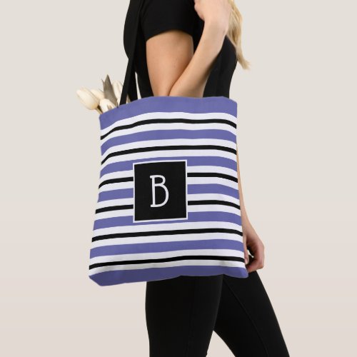 Trendy Monogrammed Periwinkle Blue Black Stripe Tote Bag