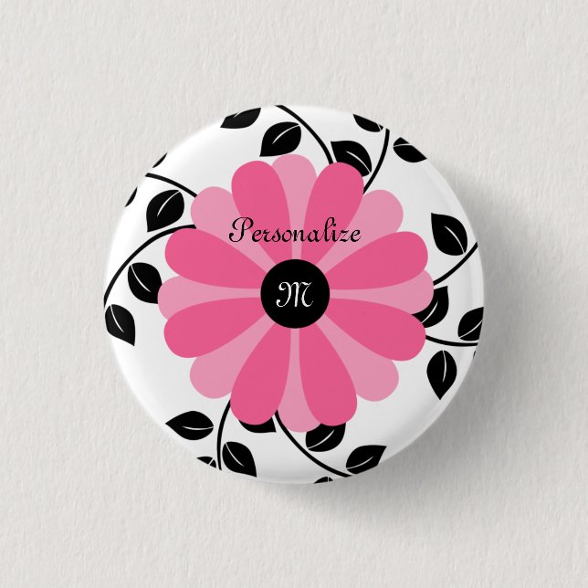 Trendy Monogrammed Pink And Black Flower With Name Button (Front)