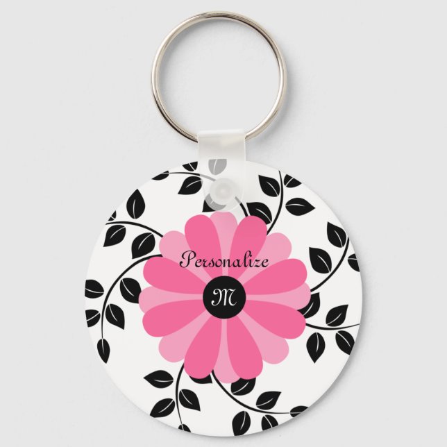 Trendy Monogrammed Pink And Black Flower With Name Keychain (Front)