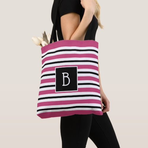 Trendy Monogrammed Pink Black  White Stripe Tote Bag
