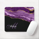 trendy monogrammed purple and gold glitter agate mouse pad<br><div class="desc">A school and home mouse pad  with modern cute girly monogrammed script lettering with an elegant girly purple and gold glitter agate. You can personalize the template with you own text.</div>
