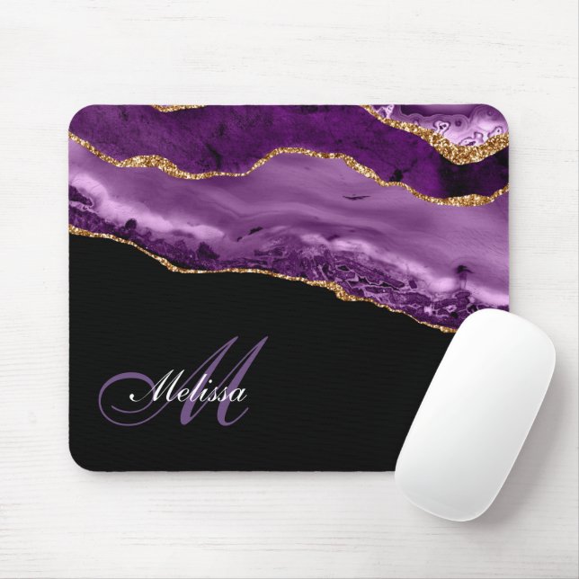 trendy monogrammed purple and gold glitter agate mouse pad (With Mouse)