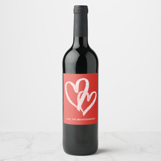 Trendy Monogrammed Red Hearts Valentines Wine Labe Label (Front)