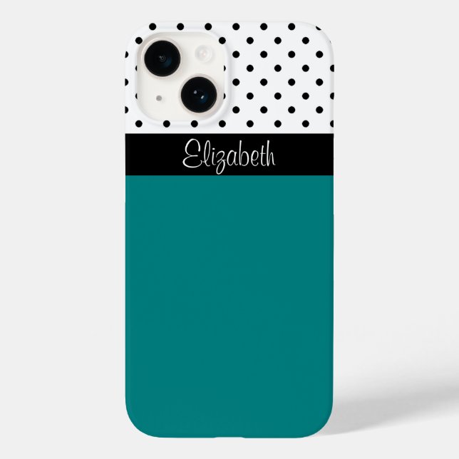 Trendy Monogrammed Teal, Black and White Polka Dot Case-Mate iPhone Case (Back)