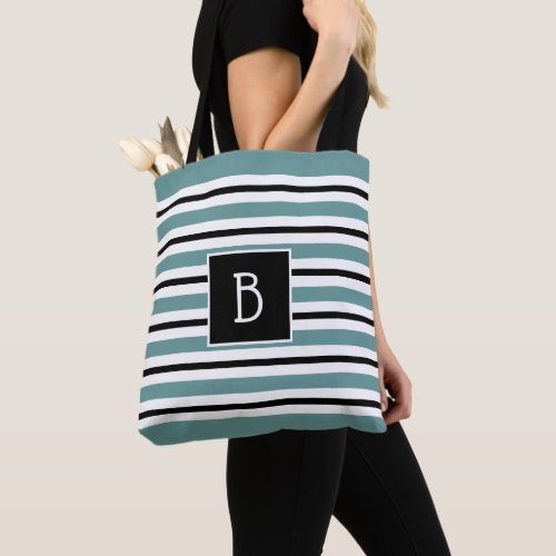 Trendy Monogrammed Teal Black White Stripe Tote Bag