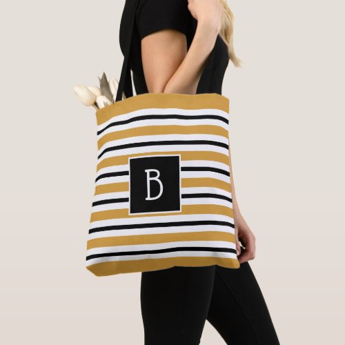 Trendy Monogrammed Yellow  Black  White Stripe Tote Bag