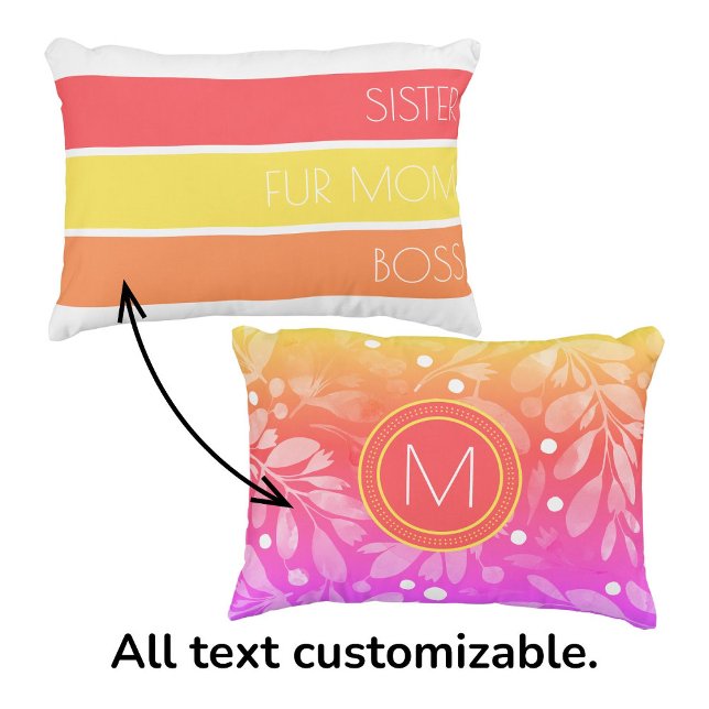 Trendy Mother's Day Typography and Floral Accent Pillow (Customizable Mother's Day pillow in coral, yellow and orange. Personalize with initial and text.)