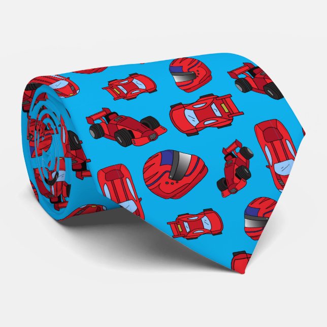 Trendy Motor Racing Fan Red Sports Cars Blue Neck Tie (Rolled)