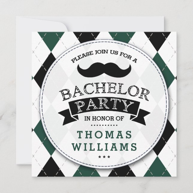 Trendy Mustache Bachelor Party Invitations (Front)