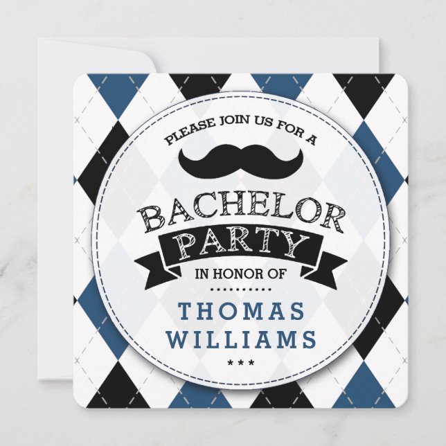 Trendy Mustache Bachelor Party Invitations (Front)