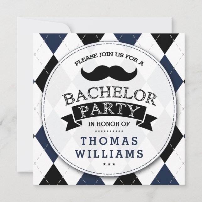 Trendy Mustache Bachelor Party Invitations (Front)