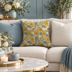 Trendy Mustard Blue Floral Garden Throw Pillow
