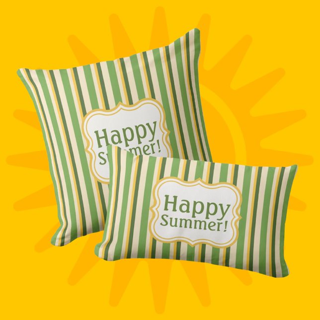 Trendy Mustard Yellow, Green and Cream Striped   Outdoor Pillow (Be Happy! Or personalize it!)