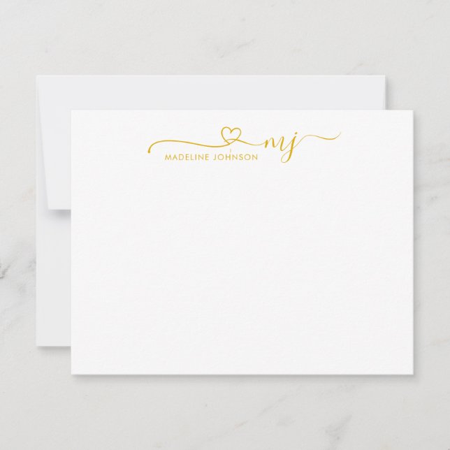 Trendy Mustard Yellow Heart Script Name Monogram Note Card (Front)