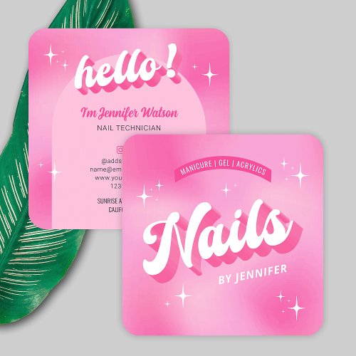 Trendy Nail Artist Girly Pink Groovy Nails Salon Square Business Card