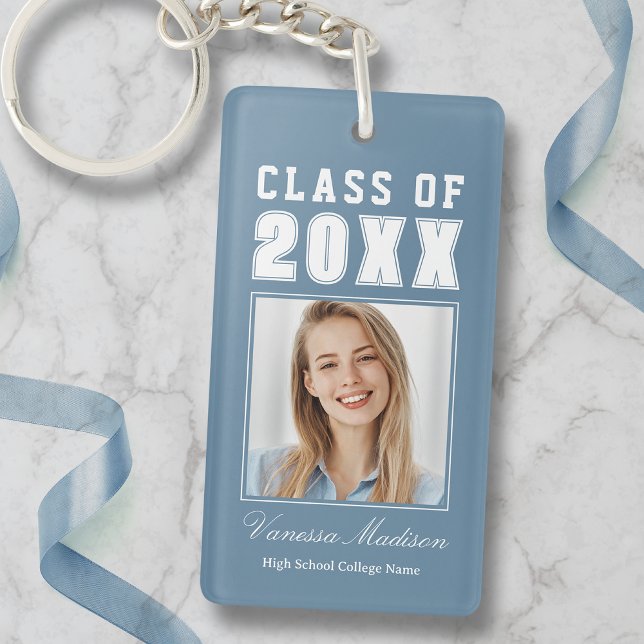 Trendy Name Class Of Dusty Blue Graduate Photo Keychain (Creator Uploaded)