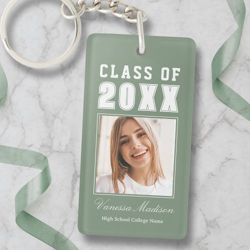 Trendy Name Class Of Sage Green Graduate Photo Keychain