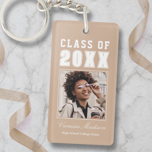 Trendy Name Class Of Taupe Beige Graduate Photo Keychain