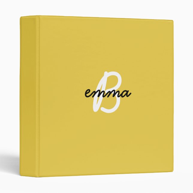 Trendy Name | Mustard Yellow Modern Initial 3 Ring Binder (Front/Spine)