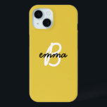 Trendy Name | Mustard Yellow Modern Initial iPhone 15 Case<br><div class="desc">Trendy, stylish custom name and initial monogram style phone case in modern minimalist script typography in off black and white on a simple fun mustard yellow background. The name and initial can easily be personalized with your own name or the name of a loved one for a perfect gift for...</div>