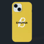Trendy Name | Mustard Yellow Modern Initial iPhone 15 Case<br><div class="desc">Trendy, stylish custom name and initial monogram style phone case in modern minimalist script typography in off black and white on a simple fun mustard yellow background. The name and initial can easily be personalized with your own name or the name of a loved one for a perfect gift for...</div>