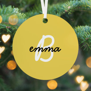 Trendy Name Mustard Yellow Modern Initial Metal Ornament