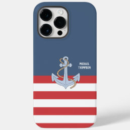 Trendy nautical Anchor Monogram with stripes navy Case-Mate iPhone 14 Pro Max Case