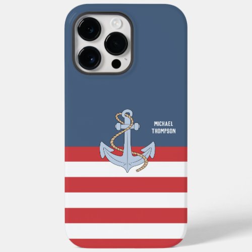 Trendy nautical Anchor Monogram with stripes navy Case_Mate iPhone 14 Pro Max Case