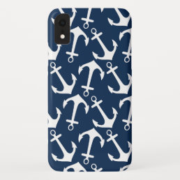 Trendy Nautical Navy Blue Anchor Pattern iPhone XR Case