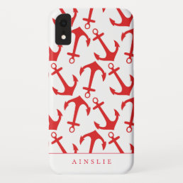 Trendy Nautical Red Anchor Pattern iPhone XR Case