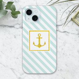 Trendy Nautical Stripes Faux Glitter Anchor iPhone 15 Case