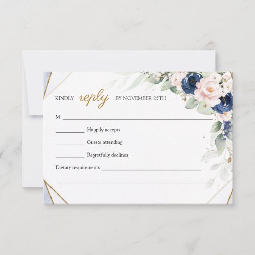 Trendy Navy and Blush Floral Faux Gold Greenery RSVP Card