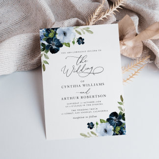 Trendy Navy and light blue floral script wedding Invitation