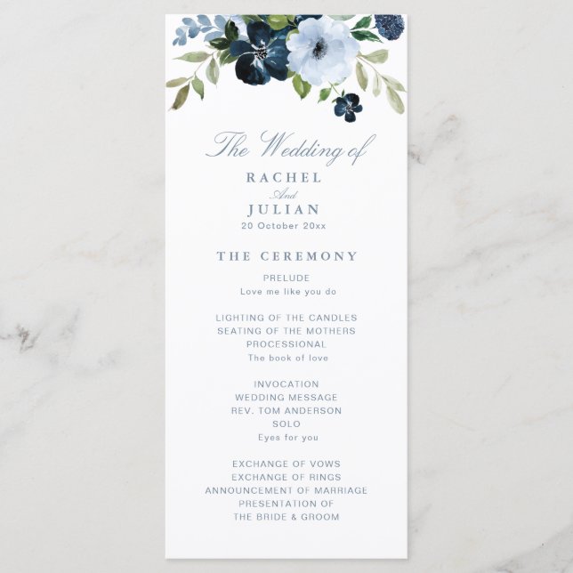 trendy navy and light blue floral wedding program (Front)