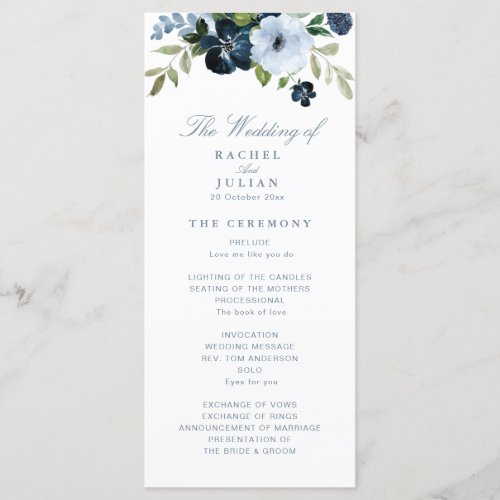 trendy navy and light blue floral wedding program