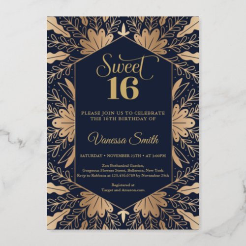 Trendy navy and real gold foil sweet sixteen foil  foil invitation