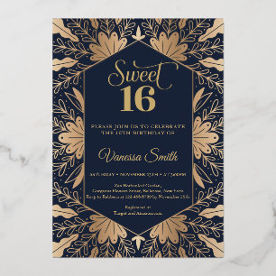 Trendy navy and real gold foil sweet sixteen foil invitation