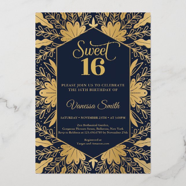 Trendy navy and real gold foil sweet sixteen foil  invitation (Front)