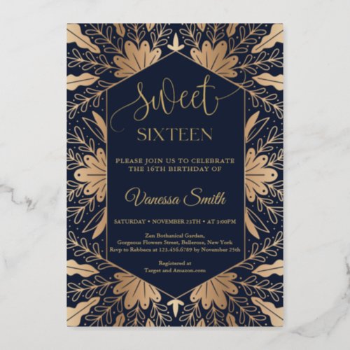 Trendy navy and real gold foil sweet sixteen foil invitation