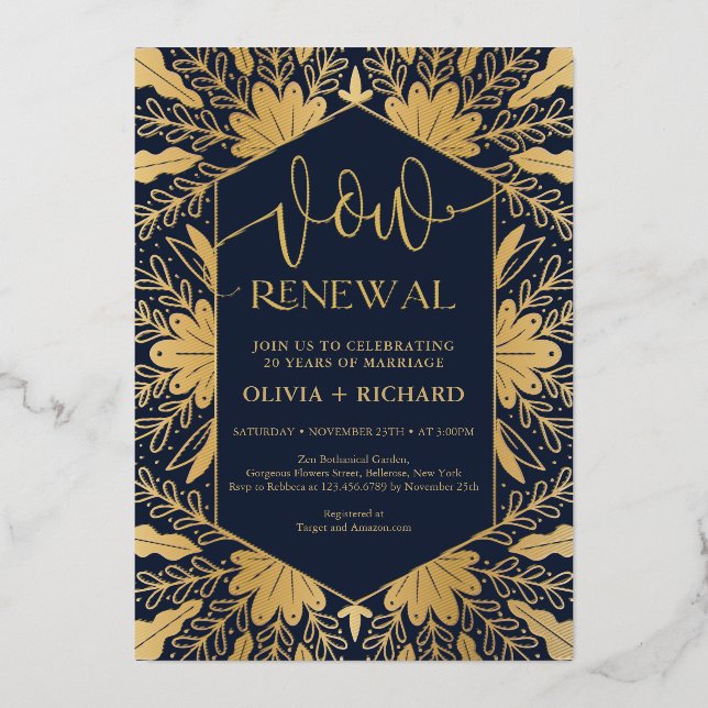 Trendy navy and real gold foil vow renewal invitation (Front)