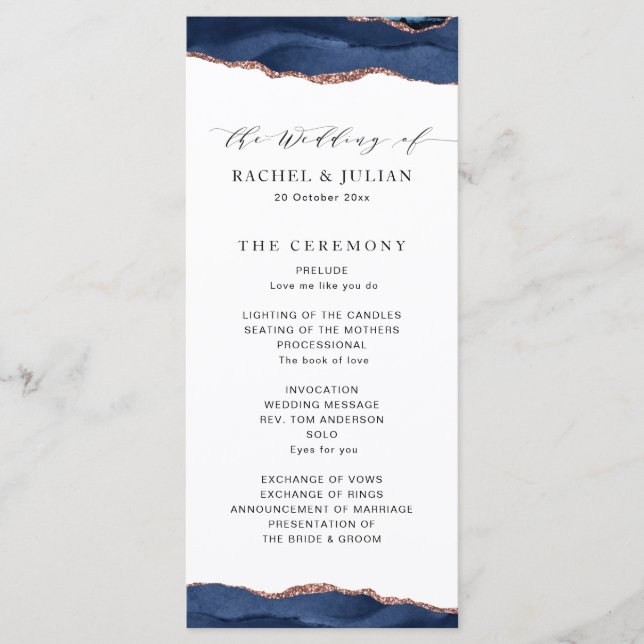 trendy navy and rose gold agate wedding program (Front)