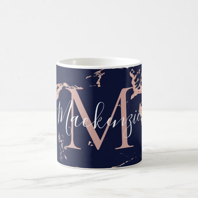 Trendy Navy and Rose Gold Foil Marble Monogram Coffee Mug (Center)