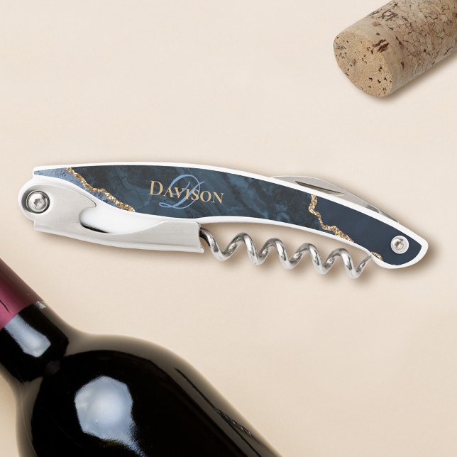 Trendy Navy Blue Agate Gold Glitter Monogram Waiter's Corkscrew (Creator Uploaded)