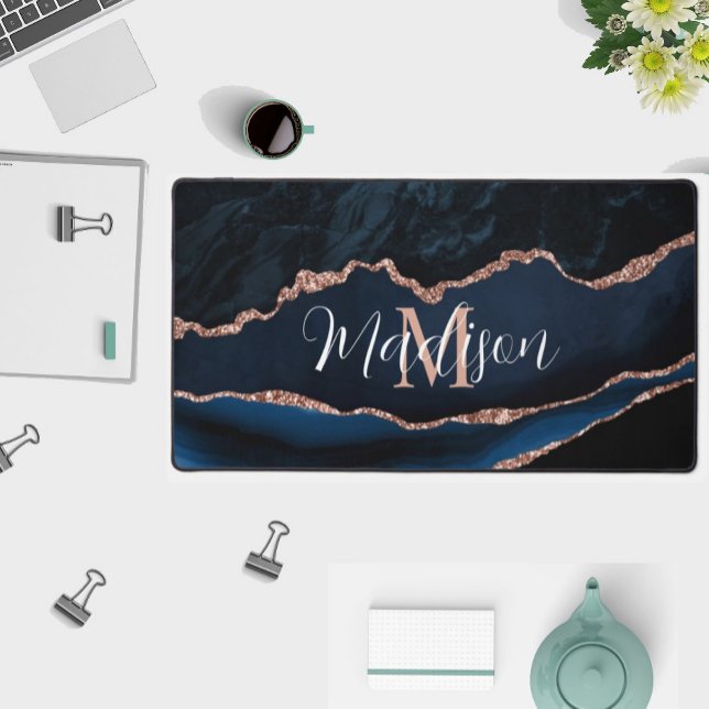 Trendy Navy Blue Agate Rose Gold Glitter Desk Mat (Creator Uploaded)