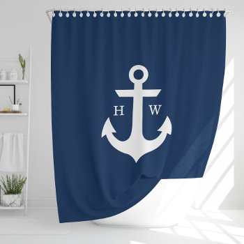 Trendy Navy Blue Anchor Monogram Shower Curtain by heartlockedhome at Zazzle