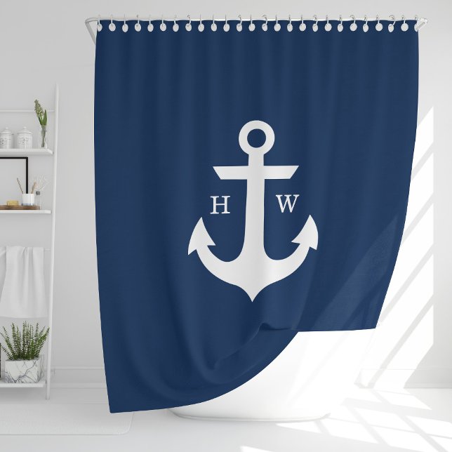 Trendy Navy Blue Anchor Monogram Shower Curtain (Creator Uploaded)