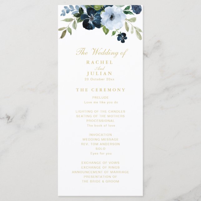 trendy navy blue and gold floral wedding program (Front)