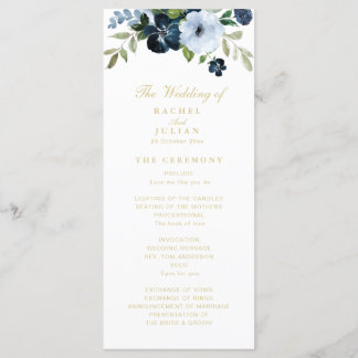trendy navy blue and gold floral wedding program