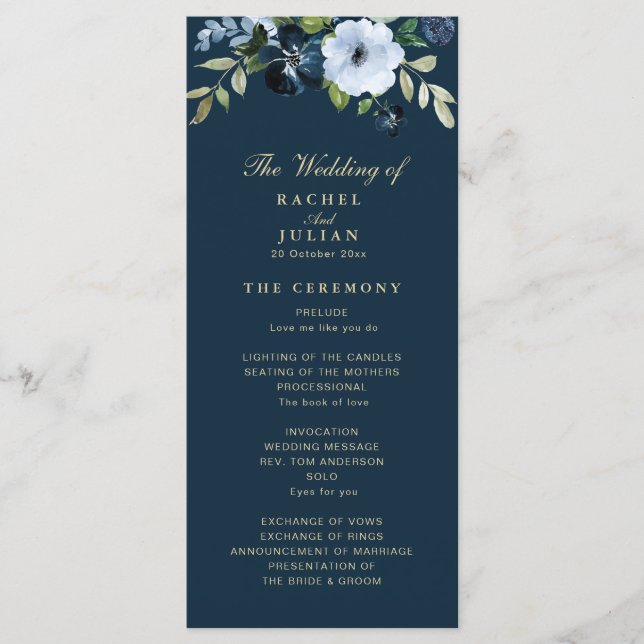 trendy navy blue and gold wedding program (Front)